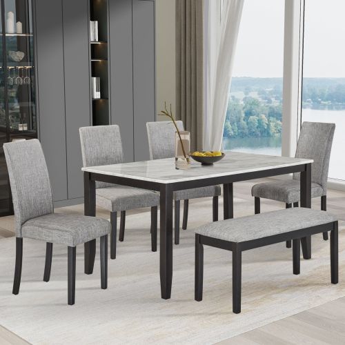 Faux Marble Dining Rectangular Table with Bench, Kitchen Table with Bench for Small Space, 6 Person Wood Dining Table, White +Dark Espresso + Gray Faux Marble Dining Rectangular Table with Bench, Kitchen Table with Bench for Small Space, 6 Person Wood Dining Table, White +Dark Espresso + Gray
